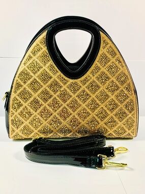 Bling gold rhinestone bag top handle formal black patent leather crossbody glam